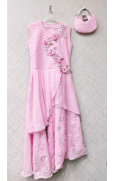 Silk Long Gown For Kids With Applique Work And Fabric Work (KRB25)